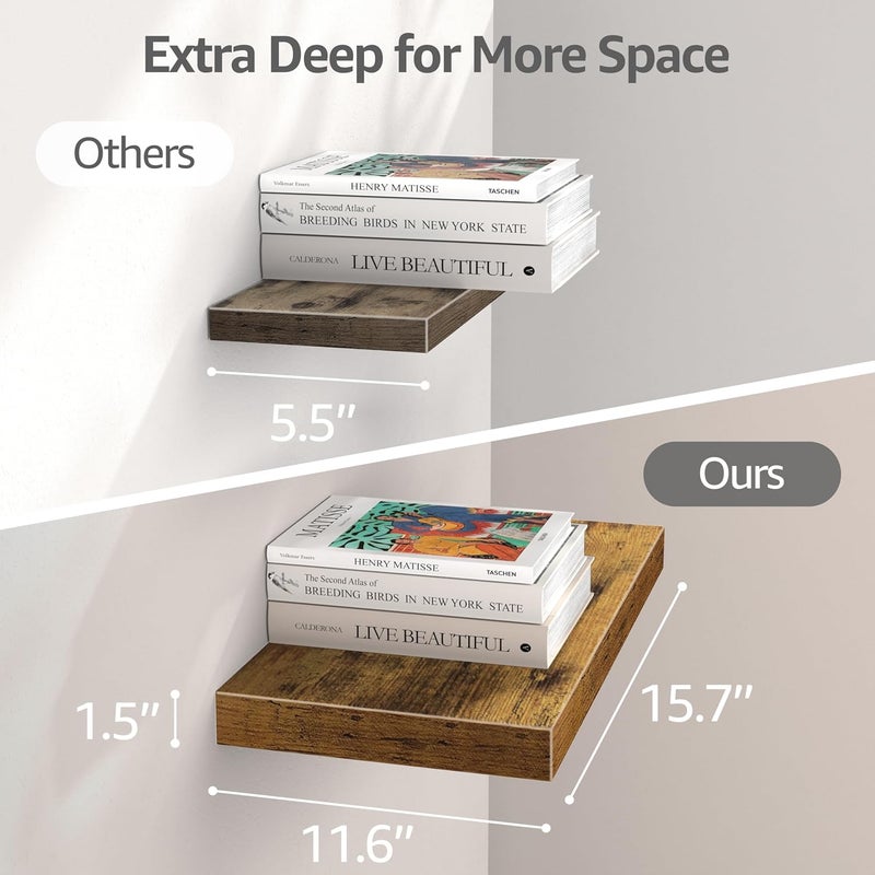 QEEIG 12" Deep Floating Shelves for Wall - 12 x 16 inch Book Shelf Bathroom Bedroom Kitchen Living Room Hanging Bookshelf Farmhouse Set of 3, Brown (026-40BN3) - Image 3